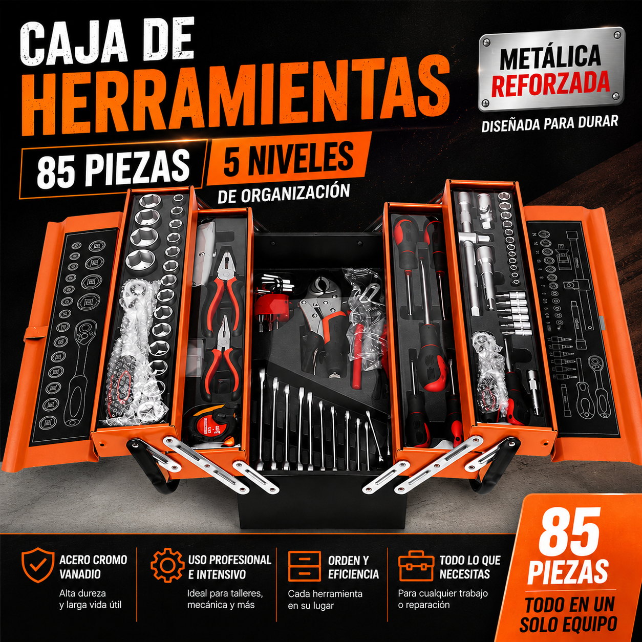 Caja de Herramientas Metálica 85 Piezas Profesional | 5 Niveles Organizados