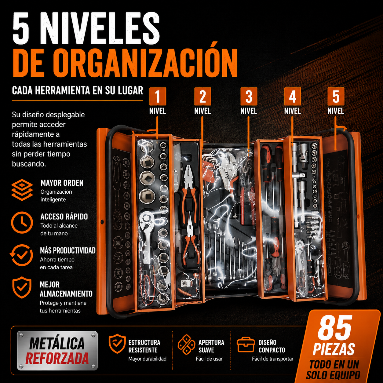 Caja de Herramientas Metálica 85 Piezas Profesional | 5 Niveles Organizados