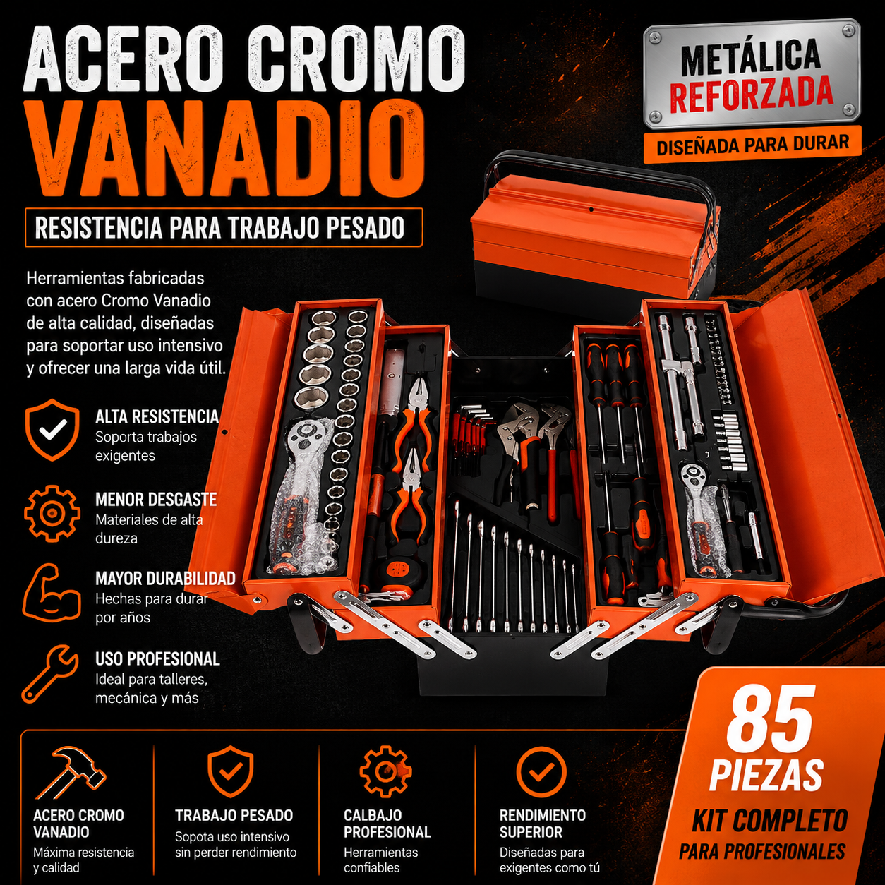 Caja de Herramientas Metálica 85 Piezas Profesional | 5 Niveles Organizados