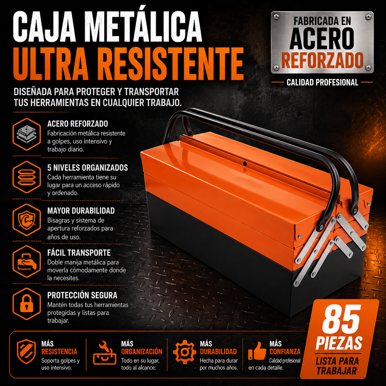 Caja de Herramientas Metálica 85 Piezas Profesional | 5 Niveles Organizados