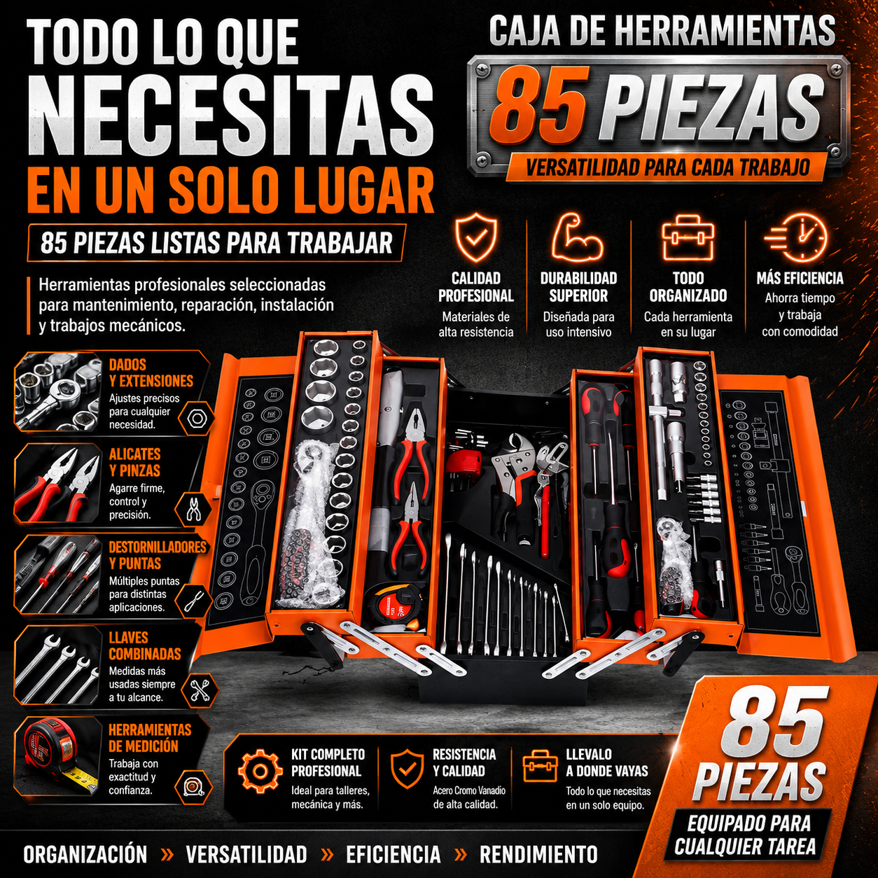 Caja de Herramientas Metálica 85 Piezas Profesional | 5 Niveles Organizados
